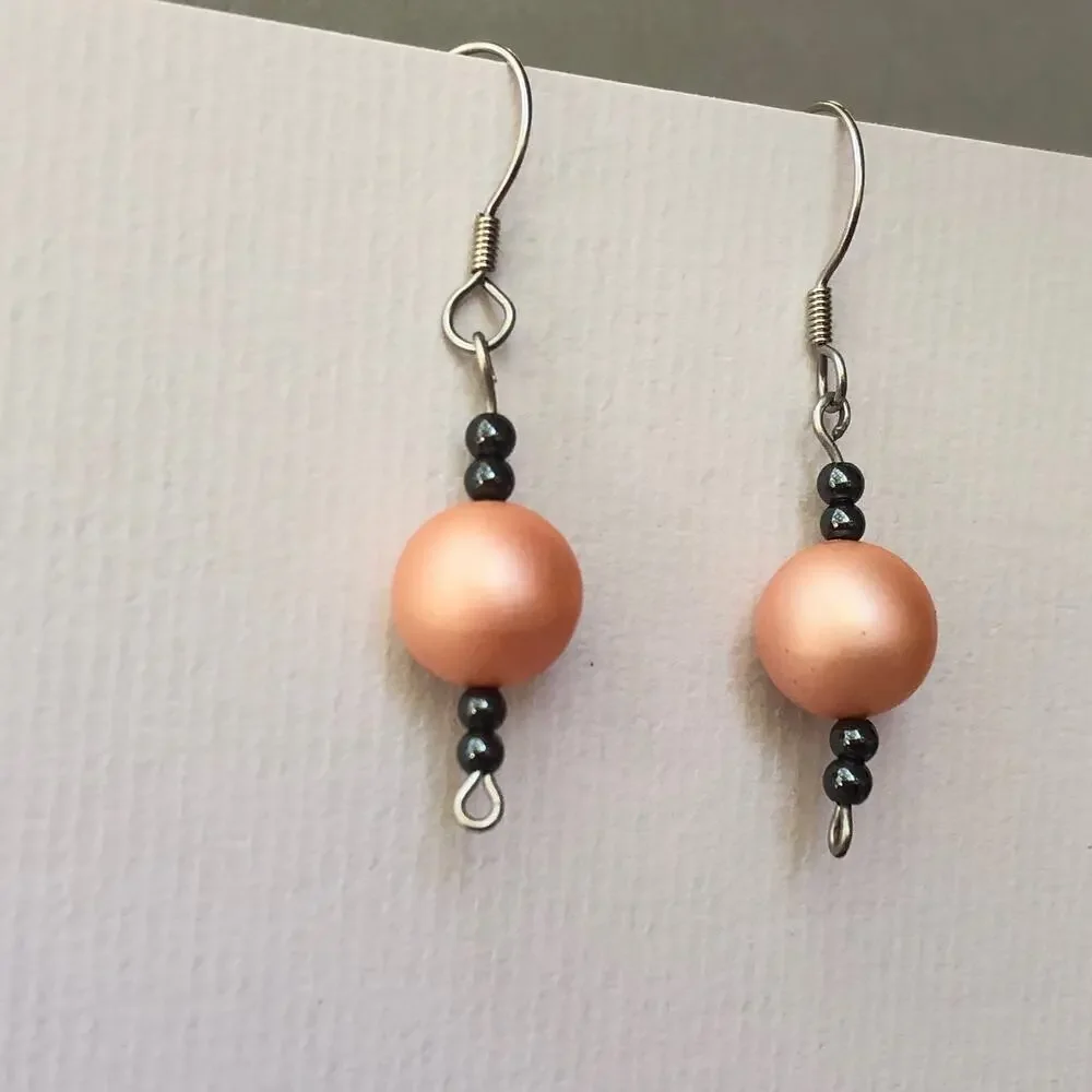 Peach and Gray Dangle Statement Earrings Hook Upcycled Faux Pearls Handmade Gift